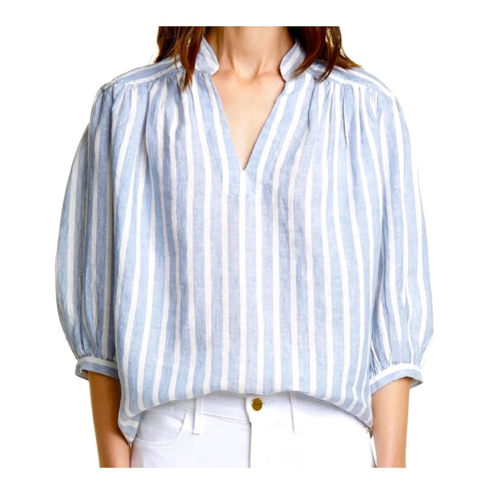 FRAME Striped Linen V-Neck Blouse Small Blue White Coastal Grandma Boho Summer